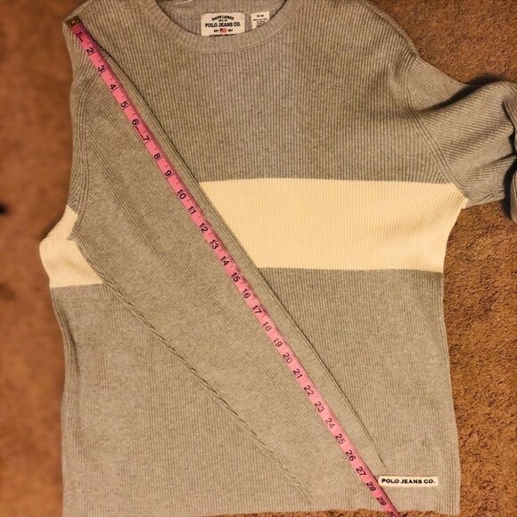 Ralph Lauren Polo Jeans Co Men's Gray Sweater Cream Stripe Pullover Crew Sz M - Picture 6 of 9